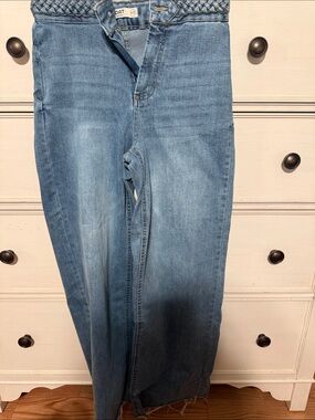Oat New York Light Blue Braided Waist Wide-Leg Jeans
